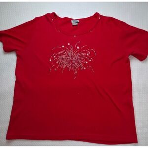 Isaac's Designs T-Shirt Women XL Red Rhinestone Firework Patriotic K103